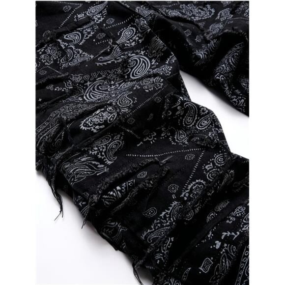 NWT Men's Black & White Paisley Ruched Stacked Jeans - Picture 3 of 5